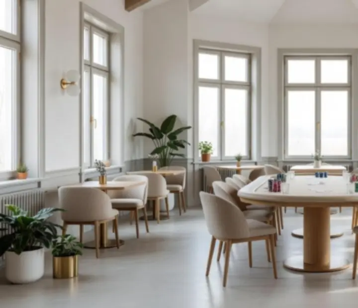 Ambiance loft lumineuse avec tables de poker au restaurant Morex Vexil