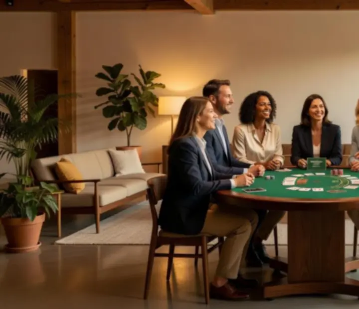 Hôte animant une table de blackjack dans un loft moderne