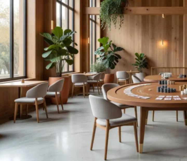 Table de blackjack dans un loft lumineux avec cuisine et cocktails