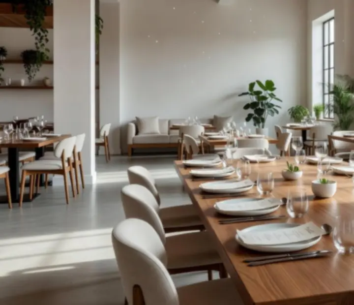 Vue du loft lumineux de Morex Vexil avec grandes baies vitrées et tables en bois dressées