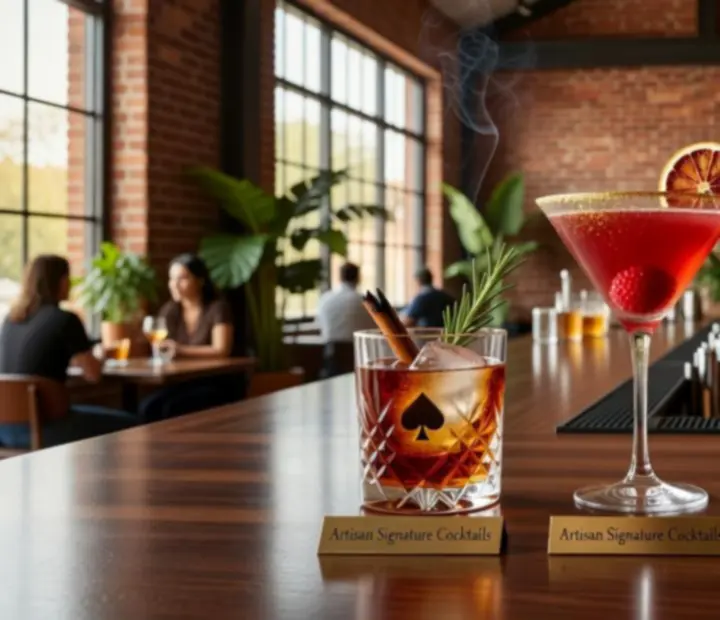 Cocktails signature colorés posés sur un comptoir en bois avec lumière naturelle