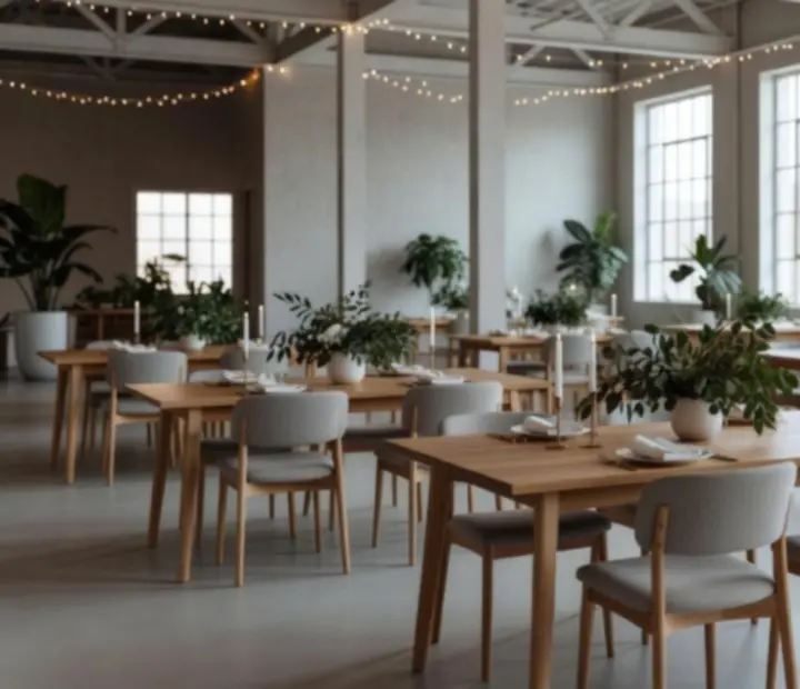 Événement privé dans un loft lumineux avec grandes tables et ambiance chaleureuse