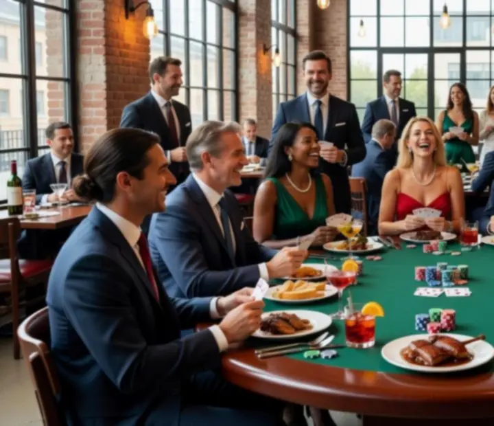 Soirée conviviale autour d’une table de poker avec plats, cocktails et invités