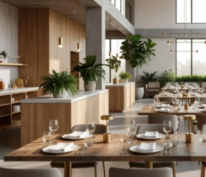 Intérieur lumineux du restaurant Morex Vexil avec grandes baies vitrées et tables dressées