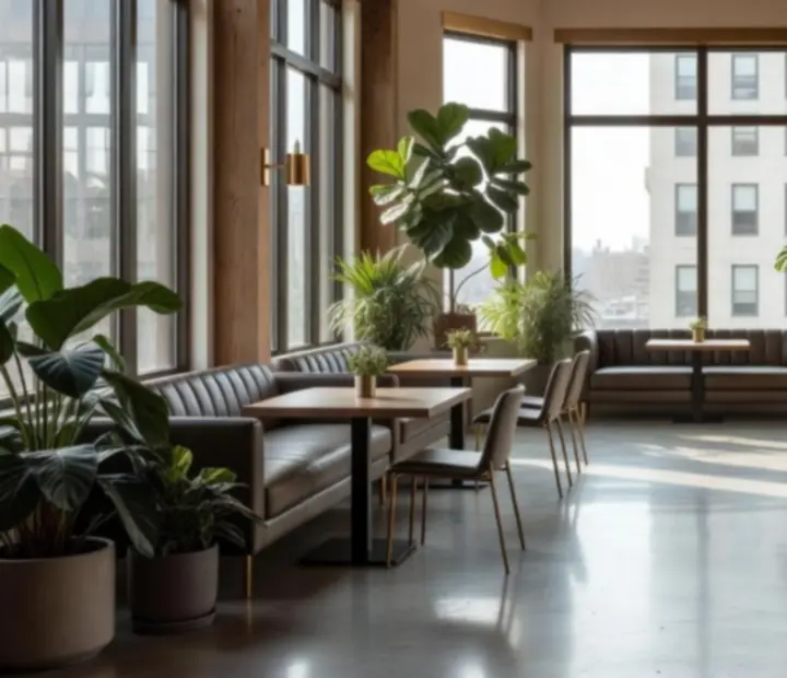 Loft moderne avec grandes baies vitrées, mobilier contemporain et touches végétales