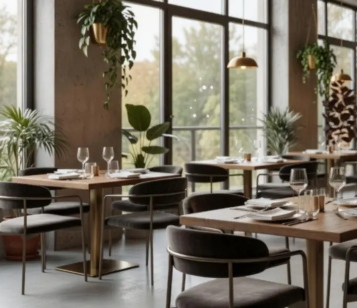 Salle de restaurant baignée de lumière naturelle avec bois, béton clair et plantes