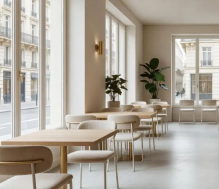 Intérieur lumineux du loft Morex Vexil avec grandes baies vitrées et tables élégantes