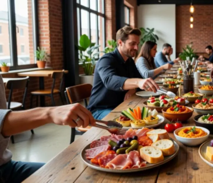Planches de dégustation et assiettes à partager sur une grande table en bois dans un loft