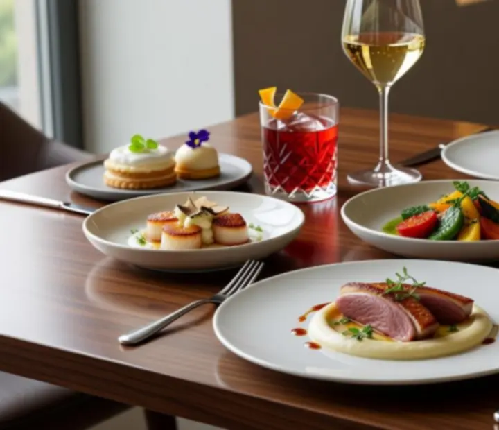 Plats de saison et cocktails signature dressés sur une table en bois