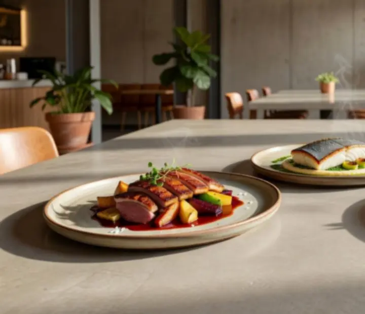 Assiettes d'entrées contemporaines dressées sur une table en bois clair dans un loft lumineux