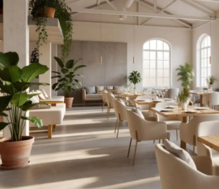 Salle de restaurant au style loft lumineux chez Morex Vexil