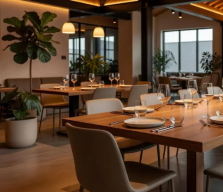 Tables de groupe élégantes préparées pour un événement dans le loft Morex Vexil
